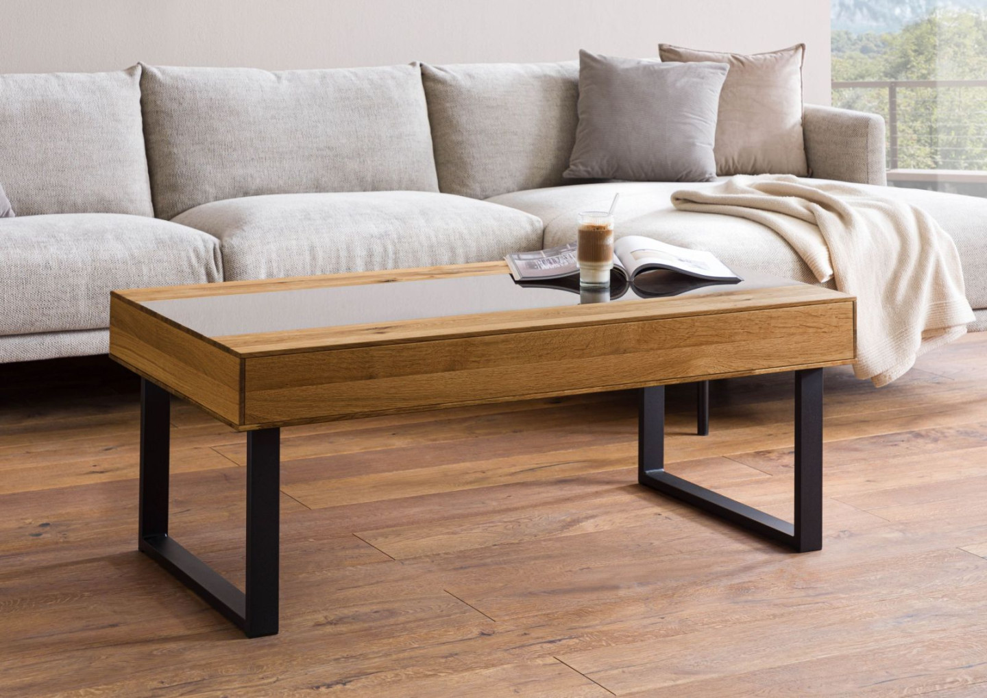 Couchtisch mit Rauchglas-Design und Korkelement kaufen