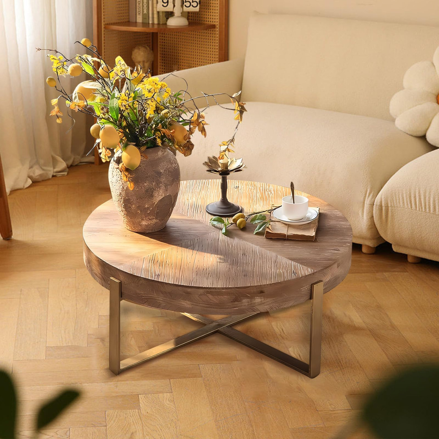 Runder Couchtisch aus Massivholz mit goldfarbenen Kreuz-Metallbeinen –  Moderner Bauernhaus-Couchtisch für Wohnzimmer : Amazon