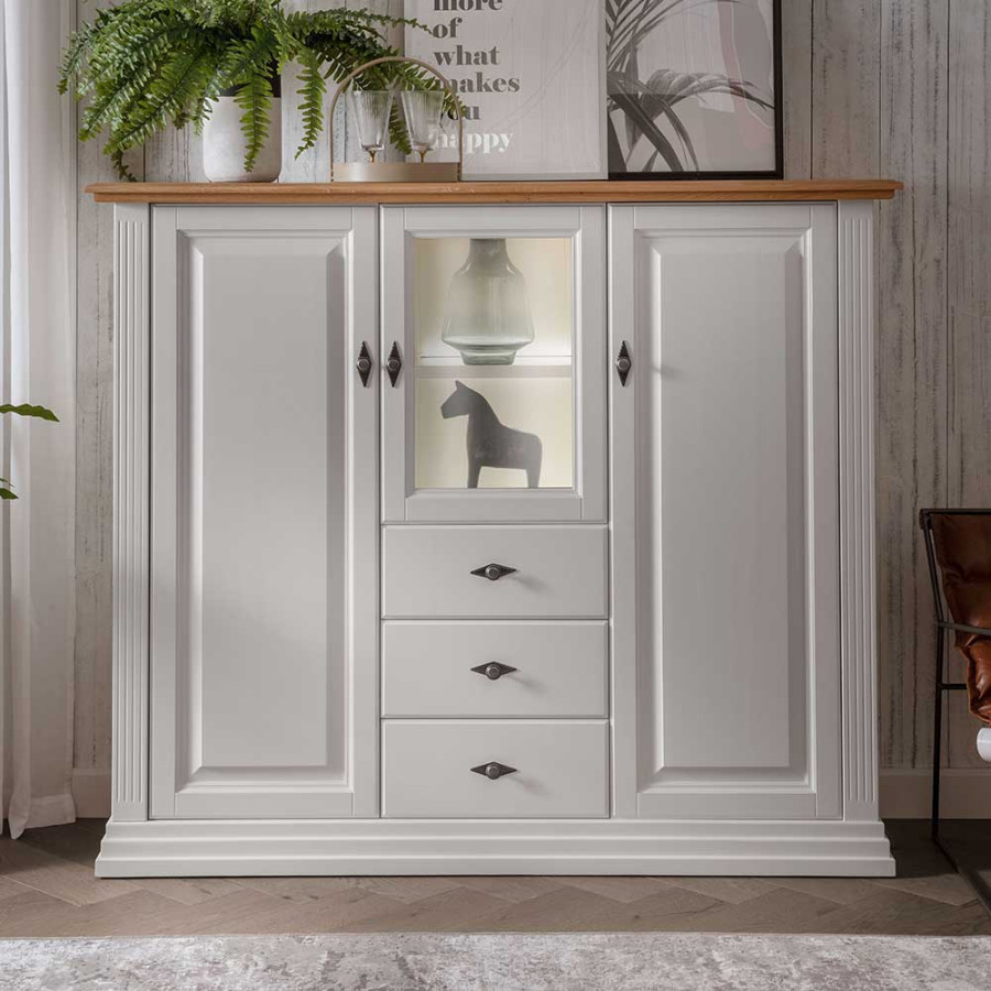 xx Wohnzimmer Schrank in Weiß & Eiche mit Glaseinsatz - Henry